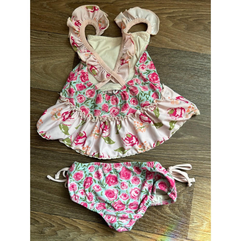 SweetHoney Girls Pink Rose Floral Ruffle Tankini Two Piece Swimsuit Set 18mo - Picture 2 of 3